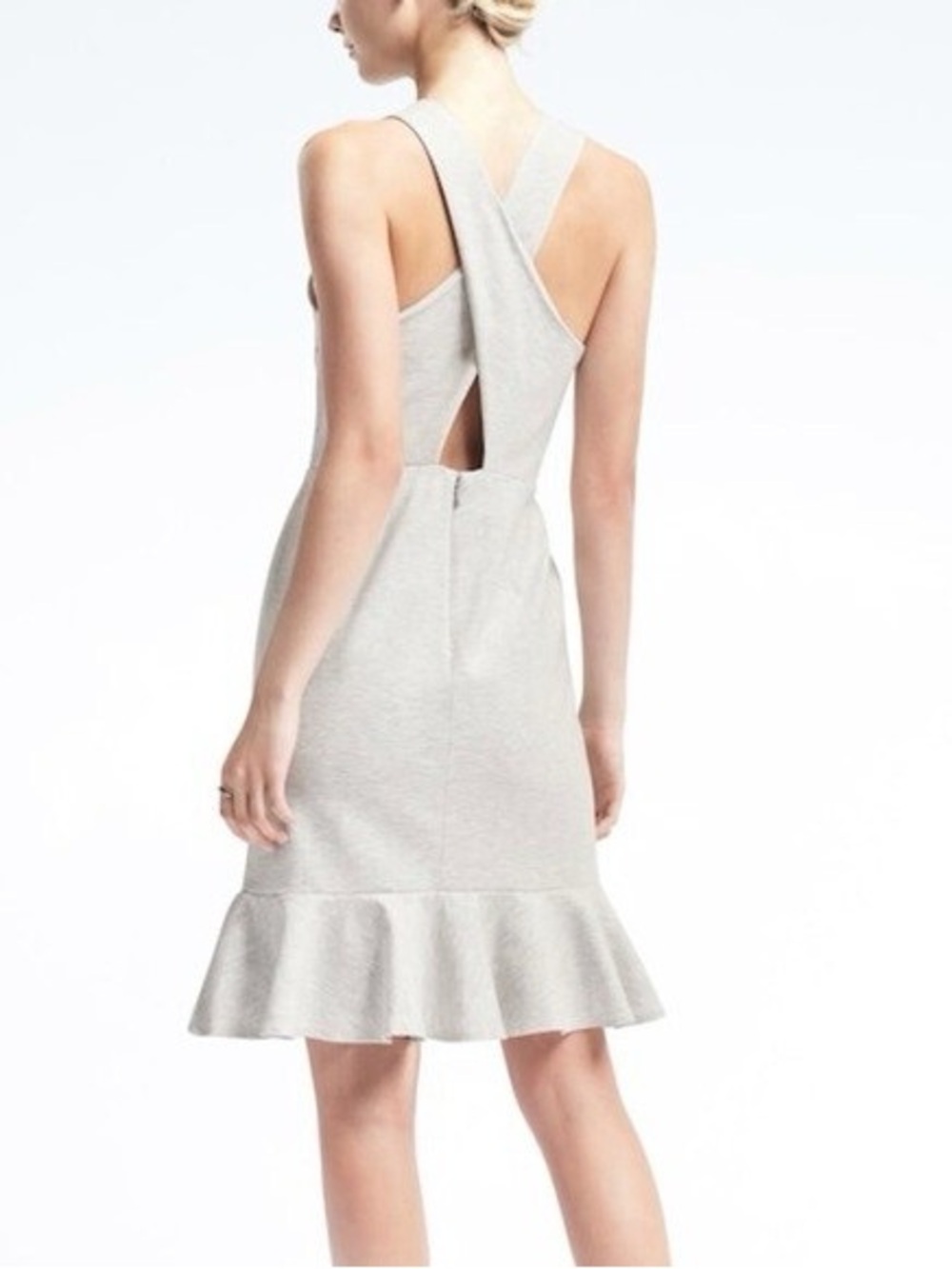 Banana Republic fitted Cross Back Ponte Dress gray ruffled hem buttery soft